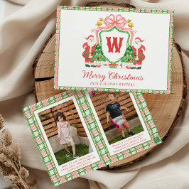Watercolor Monogram Initial Santa Crest Photo シーズンカード