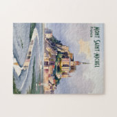 Watercolor Mont Saint Michel France Vintage Travel ジグソーパズル (横)