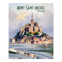 Watercolor Mont Saint Michel France Vintage Travel