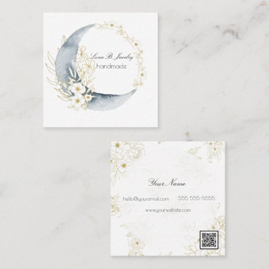 Watercolor Moon & Data Frame with qrコード スクエア名刺 (正面/裏面)