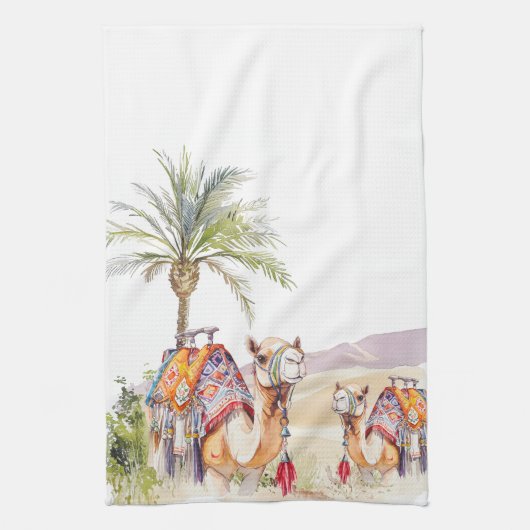 Watercolor Moroccan Camels Journey Kitchen Towels キッチンタオル (縦)