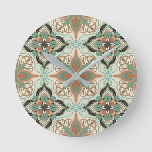 Watercolor Moroccan Floral Tile ラウンド壁時計 (正面)