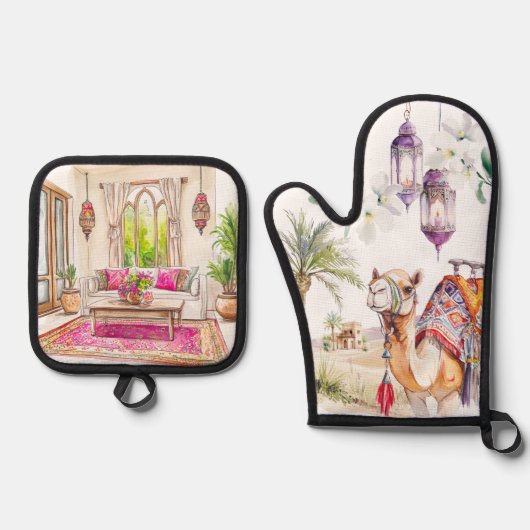 Watercolor Moroccan Kitchen Artistry 鍋つかみ&鍋敷きセット (正面)