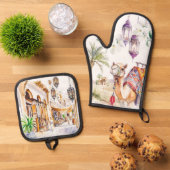 Watercolor Moroccan Kitchen Artistry 鍋つかみ&鍋敷きセット (トップダウン)