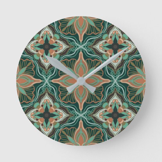Watercolor Moroccan Teal Floral Tile  ラウンド壁時計 (正面)