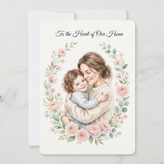 Watercolor Mother and Child Hug with Floral Wreath 招待状