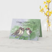 Watercolor Mother Sparrow Feeding Chicks カード (黄色い花)