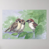 Watercolor Mother Sparrow Feeding Chicks ポスター (正面)