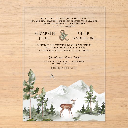 Watercolor Mountain Forest Deer Wedding アクリル招待状 (正面)