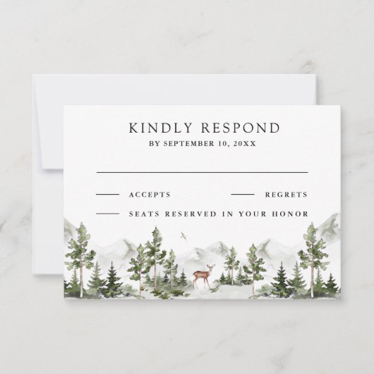 Watercolor Mountain Forest Deer Wedding 出欠カード (正面)