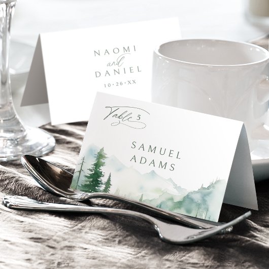 Watercolor Mountain Forest Foldable Place Card テーブルナンバー
