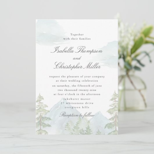 Watercolor Mountain Forest Wedding Invitation 招待状 (スタンド正面)