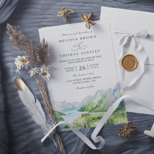 Watercolor Mountain Rustic Lakes QR Code Wedding 招待状
