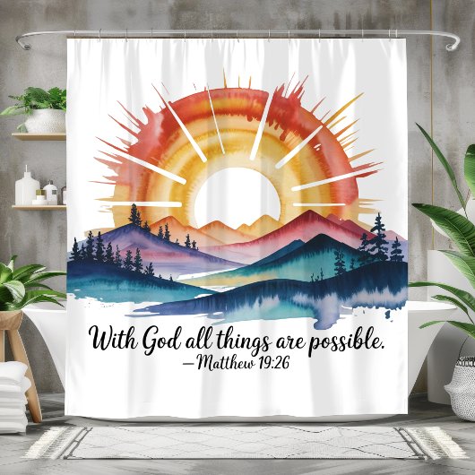 Watercolor Mountain Sunrise Bible Verse シャワーカーテン