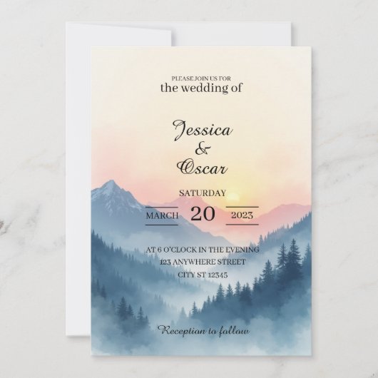 Watercolor Mountain Sunrise Wedding Invitation 招待状 (正面)