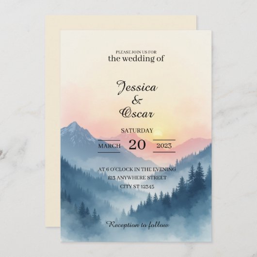 Watercolor Mountain Sunrise Wedding Invitation 招待状 (正面/裏面)