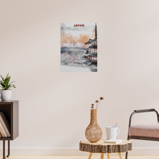 Watercolor Mt. Fuji & Japanese Pagoda – Japan Land ポスター (リビング3)