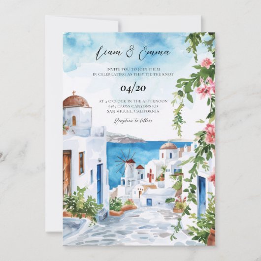 Watercolor Mykonos Seaside Wedding Invit 招待状 (正面)