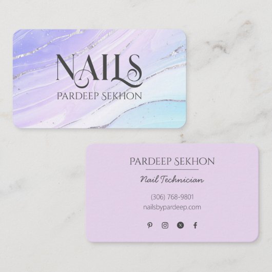 Watercolor Nail Tech Silver Marble Business Cards 名刺 (正面/裏面)