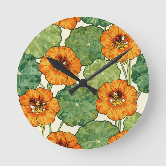 Watercolor Nasturtium Floral Pattern ラウンド壁時計 (正面)