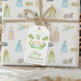 Watercolor Nativity Monogram Crest Christmas ギフトタグ