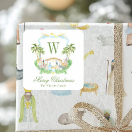 Watercolor Nativity Monogram Crest Christmas スクエアシール