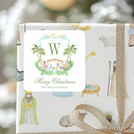Watercolor Nativity Monogram Crest Christmas スクエアシール