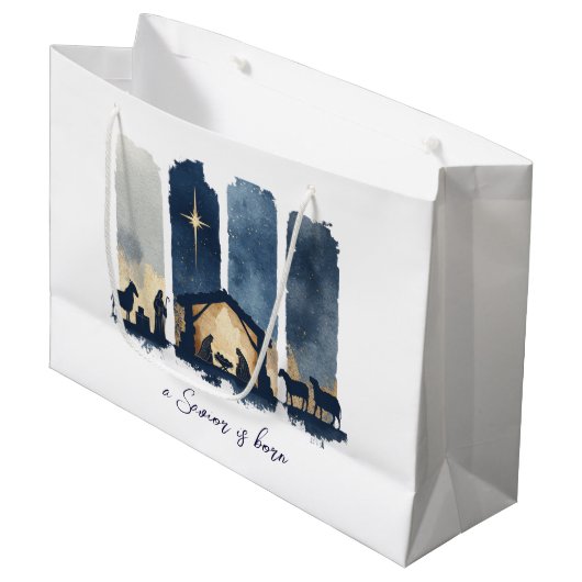 Watercolor Nativity Scene Religious Christmas ラージペーパーバッグ (正面アングル)