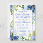 Watercolor Navy & Baby Blue Flowers Sweet Sixteen 招待状 (正面)