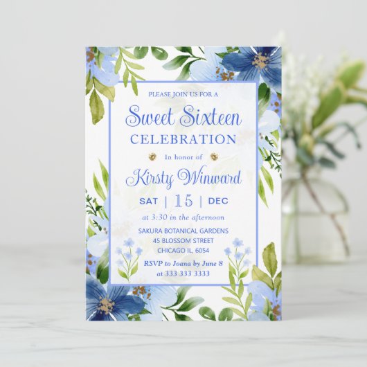 Watercolor Navy & Baby Blue Flowers Sweet Sixteen 招待状 (スタンド正面)