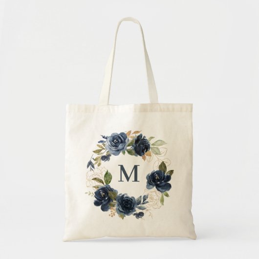 Watercolor Navy Blue Roses Floral Wreath Monogram トートバッグ (正面)