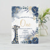 Watercolor Navy Giraffe Boy First Birthday 招待状 (スタンド正面)