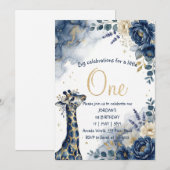 Watercolor Navy Giraffe Boy First Birthday 招待状 (正面/裏面)