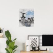 Watercolor Netherlands Windmill – Dutch  ポスター (ホームオフィス)