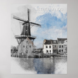 Watercolor Netherlands Windmill – Dutch  ポスター