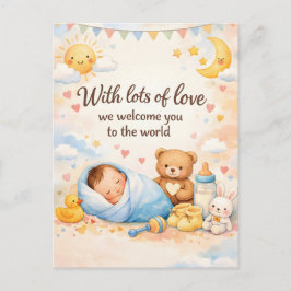Watercolor New Baby Welcome Greeting with Teddy ポストカード