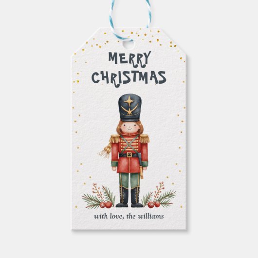 Watercolor Nutcracker Foot Guard Merry Christmas ギフトタグ (正面)