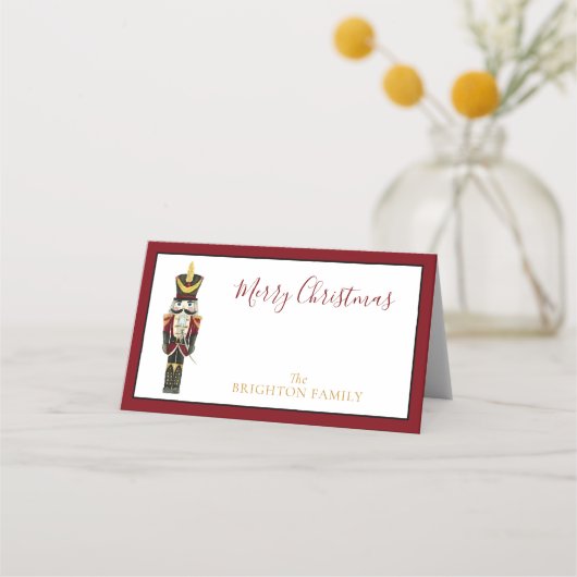 Watercolor Nutcracker Red Merry Christmas Script プレイスカード (正面)
