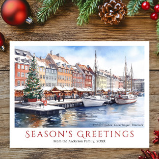 Watercolor Nyhavn Copenhagen Denmark Christmas シーズンポストカード