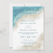 Watercolor Ocean Beach Coastal QR Code Wedding 招待状 (正面)
