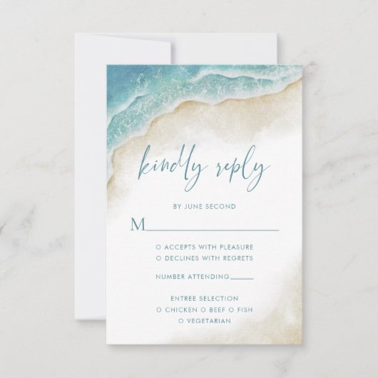 Watercolor Ocean Beach Summer Wedding 出欠カード (正面)