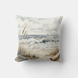Watercolor Ocean Beach with Curled Paper クッション