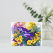 Watercolor Ocean Dolphins Tropical Flowers シーズンポストカード (スタンド正面)