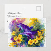 Watercolor Ocean Dolphins Tropical Flowers シーズンポストカード (正面/裏面)