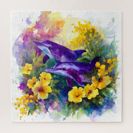 Watercolor Ocean Dolphins Tropical Flowers ジグソーパズル (縦)