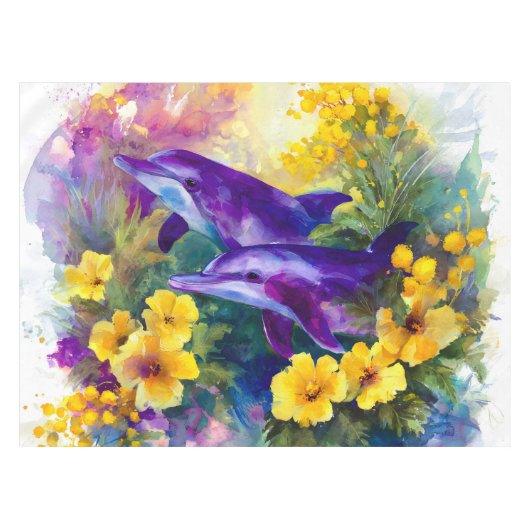 Watercolor Ocean Dolphins Tropical Flowers テーブルクロス (正面(横))