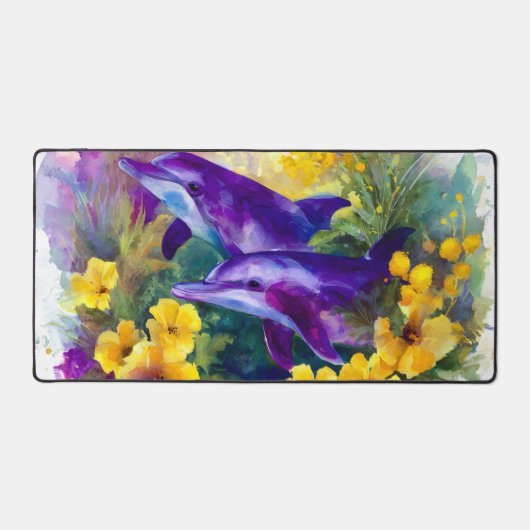 Watercolor Ocean Dolphins Tropical Flowers デスクマット (正面)