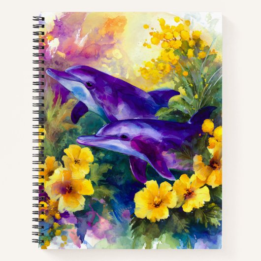Watercolor Ocean Dolphins Tropical Flowers ノートブック (正面)