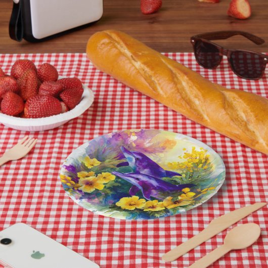 Watercolor Ocean Dolphins Tropical Flowers ペーパープレート (ピクニック)