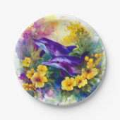 Watercolor Ocean Dolphins Tropical Flowers ペーパープレート (正面)